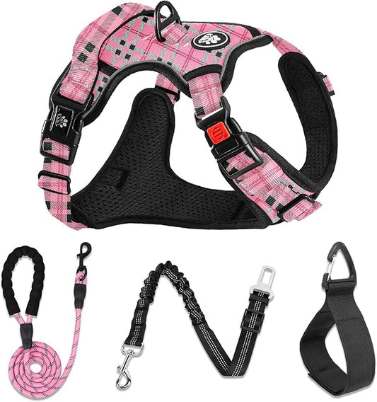 NESTROAD No Pull Dog Harness with Leash, Reflective No Choke Pet Vest Harness,Adjustable Soft Padded Dog Harness with Easy Control Handle for Small Dogs(Checkered Pink,Small)
