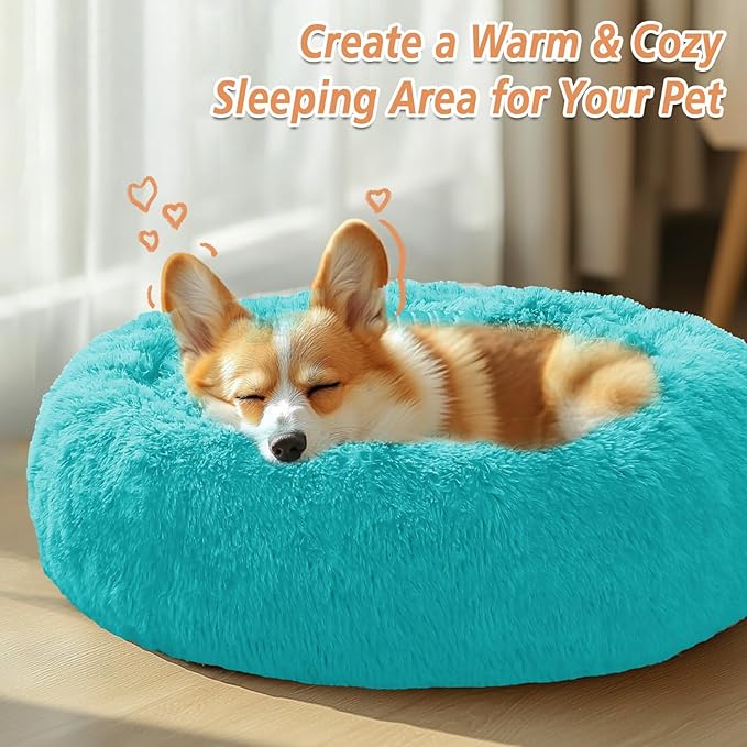 JOLLYVOGUE Calming Dog & Cat Bed for Small Dogs, Anti-Anxiety Donut Cuddler Cozy Soft Round Bed with Anti-Slip Bottom, Fluffy Faux Fur Plush Cushion Beds for Small Medium Pets (23")