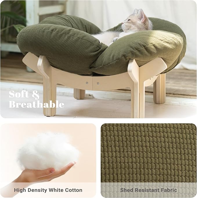 CHEERHOME PETS Elevated Cat Bed Wooden with Cushion Fluffy Pet Couch Sofa for Indoor Cats Raised Kitty Lounge Chair Suitable for Puppy, Cat Furniture(Green)