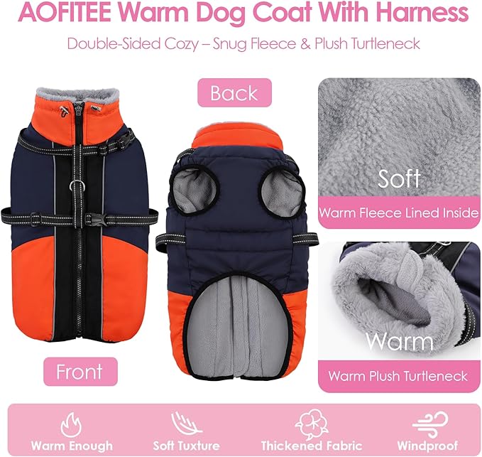 AOFITEE Dog Coats for Large Dogs, Waterproof Dog Winter Jacket with Harness Built in, Warm Large Dogs Coat with Fleece Lined, Zip Up Pets Jackets for Golden Retriever, Weimaraner, Blue 2XL