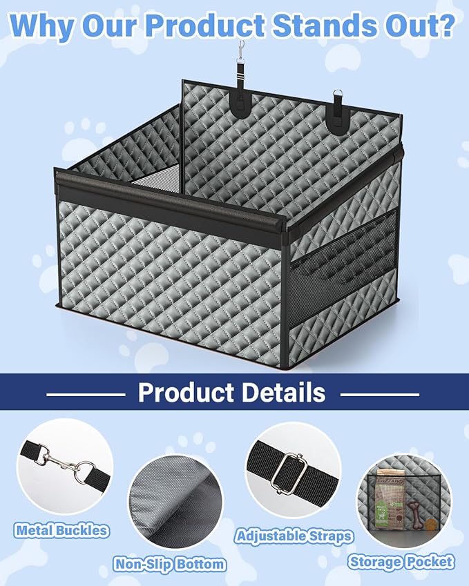 Dog Car Seat for Large Dogs, Back Seat Extender for Dogs, Foldable Pet Car Seat with Waterproof Oxford Fabric and Non-Slip Bottom, All-Around Protection and Strong Support, Grey