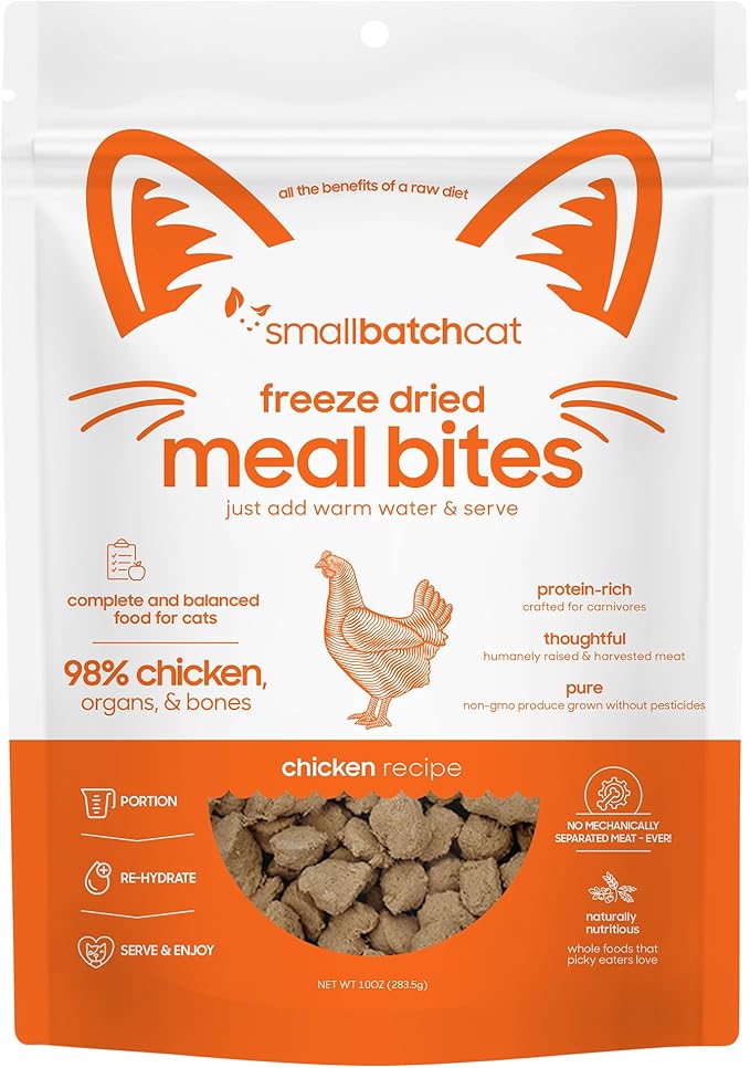 Freeze-Dried Raw Cat Food, Shelf Stable Food Bites, Chicken Recipe, High Protein Meal or Topper for Cats, Humanely Raised Meat, Organic, Non-GMO Produce, Made in The USA, 10oz Bag