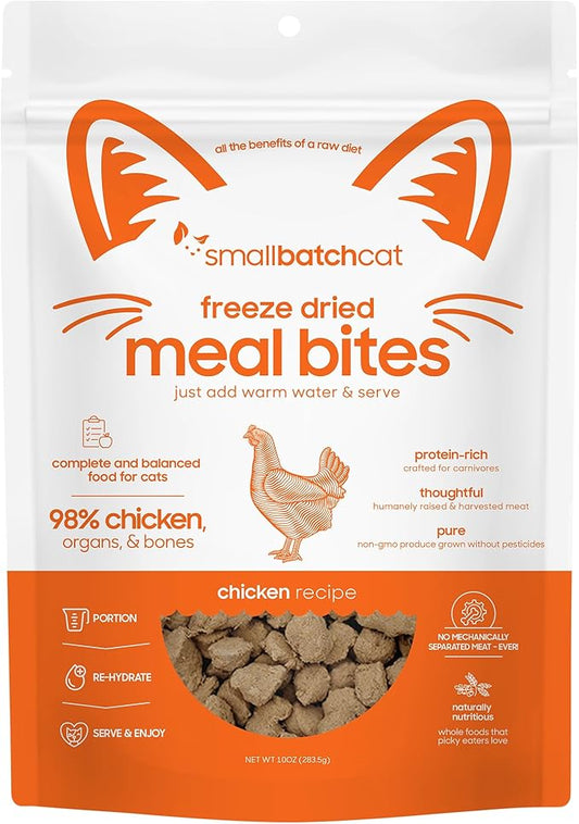 Freeze-Dried Raw Cat Food, Shelf Stable Food Bites, Chicken Recipe, High Protein Meal or Topper for Cats, Humanely Raised Meat, Organic, Non-GMO Produce, Made in The USA, 10oz Bag