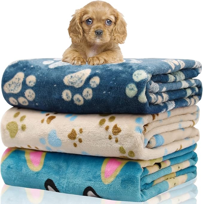 Rezutan 1 Pack 3 Blankets for Dogs, Dog Blanket for Small Pet Cat, Premium Soft Fluffy Suitable for Dog Kennels & Beds, Gifts Puppy Blanket Essentials, 23x16 inch, Blue/Beige/Navy Blue