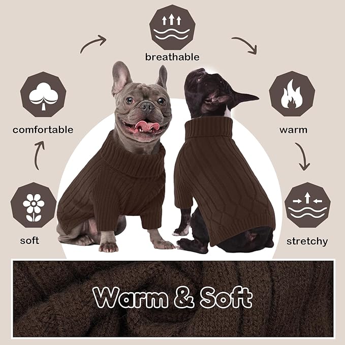 Dog Sweater for Medium Dogs, Warm Winter Fall Dog Sweaters for Dog Girls Boys, Turtleneck Dog Knitwear, Doggie Christmas Sweater, Pet Sweatshirt Clothes Knit French Bulldog, Beagle (Brown M)