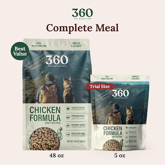 360 Pet Nutrition Freeze-Dried Raw Dog Food – Chicken Recipe with Liver & Organs, High Protein, Omega-3s, Fruits, Veggies & Superfoods, Grain-Free, No Fillers, 5 oz – Made in USA