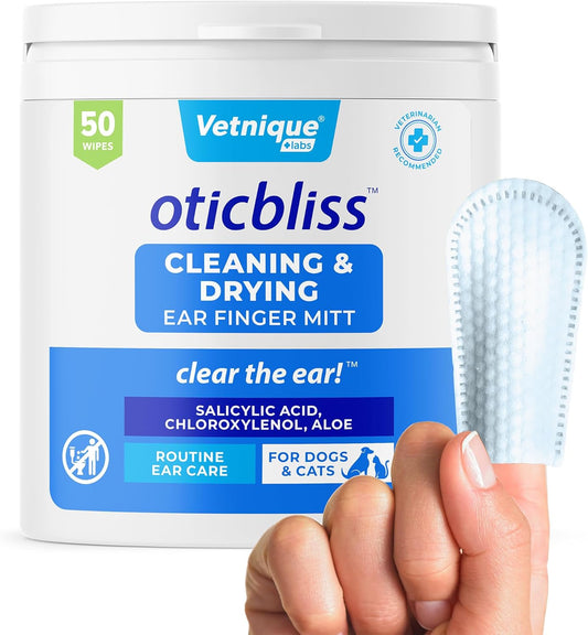 Vetnique Oticbliss Ear Finger Wipes for Dogs & Cats Dual-Sided Cleaning Dog Ear Wipes for Odor Control, Dirt & Wax Removal with Soothing Aloe, Salicylic Acid & Aloe Vera, 50ct