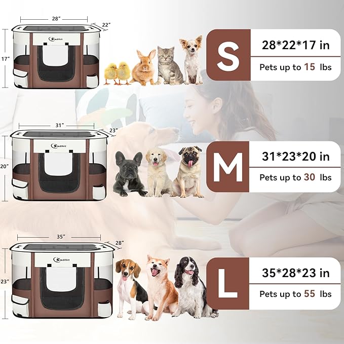 Dog Cat Playpen, Pet Puppy Portable Playpens for Outdoor Travel Crate, Indoor After Surgery Use, Foldable Dog Kennel Tent for Rabbit or Small Animals and Tent Stakes(Brown, Small)