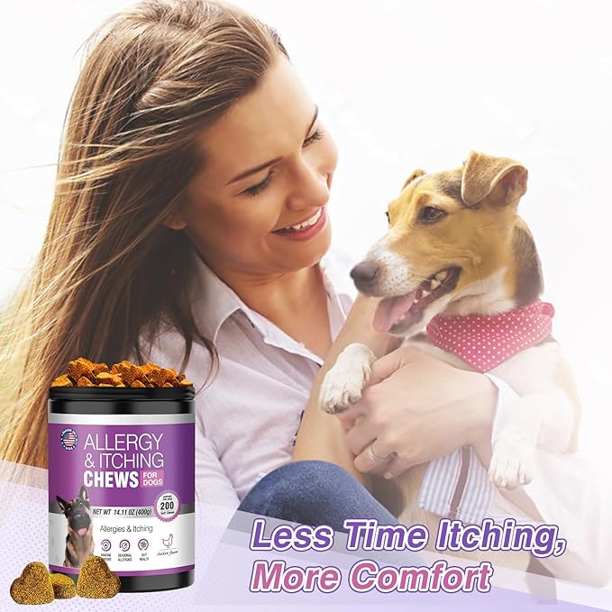 Dog Allergy Chews 200ct - Dog Allergy and Itching Skin Relief Anti Itch Aller Immune Bites for Dogs licking Itching Paws Treatment Itchy Relief Chew Probiotics Vitamins for Skin and Coat Allergies