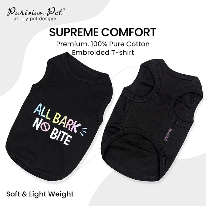 Parisian Pet Dog T-Shirt - Embroidered ' All Bark No Bite ' 100% Cotton, Doggy Shirts - Sleeveless Pet Vest - Machine Washable Clothes for Medium-Sized Dogs - M