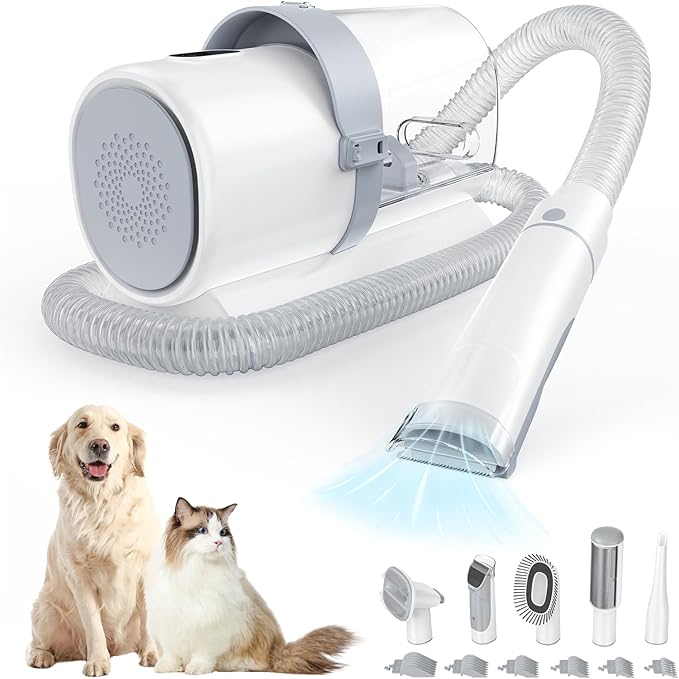 Sweetcrispy Pet Grooming Vacuum Kit, Professional Dog Grooming Clippers with 2.5L Cup, 3 Suction Modes, Cordless Clippers, 5 Groomer Tools, Low Noise Pet Hair Trimmer for Dogs, Cats and Other Animals