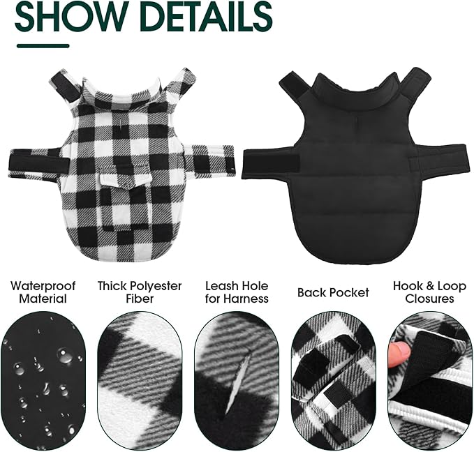 Kuoser Dog Winter Coat, Windproof Dog Fleece Jacket British Style Plaid Cold Weather Doggie Vest Coats, Reversible Cozy Warm Pet Clothes Apparel for Extra Large Size Dogs XXL