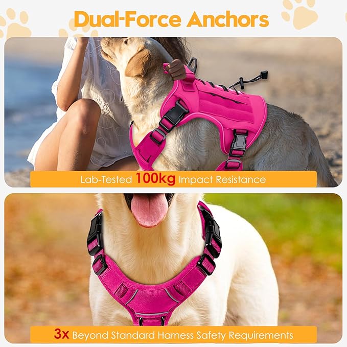 Heavy-Duty Tactical Dog Harness for Large Dogs, No Pull Adjustable Reflective Pet Vest with Molle System, K9 Military-Grade Control for Service Training, Outdoor & 10+ Breeds, Hot Pink, Large