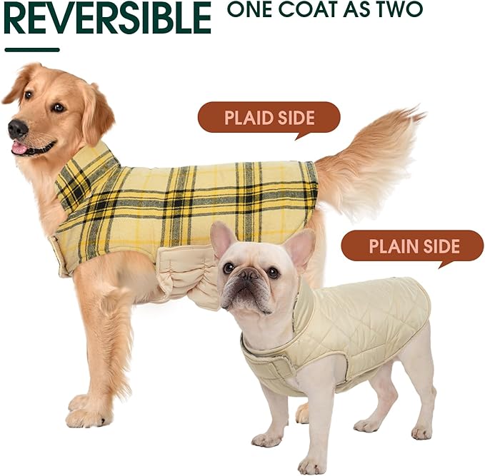 Kuoser Warm Dog Coat, Waterproof Dog Jacket for Extra Large Dogs, Adjustable Durable XL Doggie Winter Coat Reversible Cozy Puppy Cold Weather Apparel from Small to Large Breed, Yellow XL