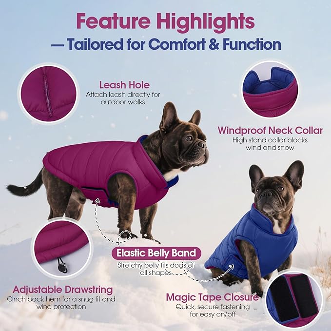 QBLEEV Reversible Dog Puffer Coat, Waterproof Warm Vest for Dogs, Windproof Padded Jacket for Small Dogs, Adjustable Puppy Winter Coats, Snow Cold Weather Coats for Chihuahua Yorkie, Violet, XS