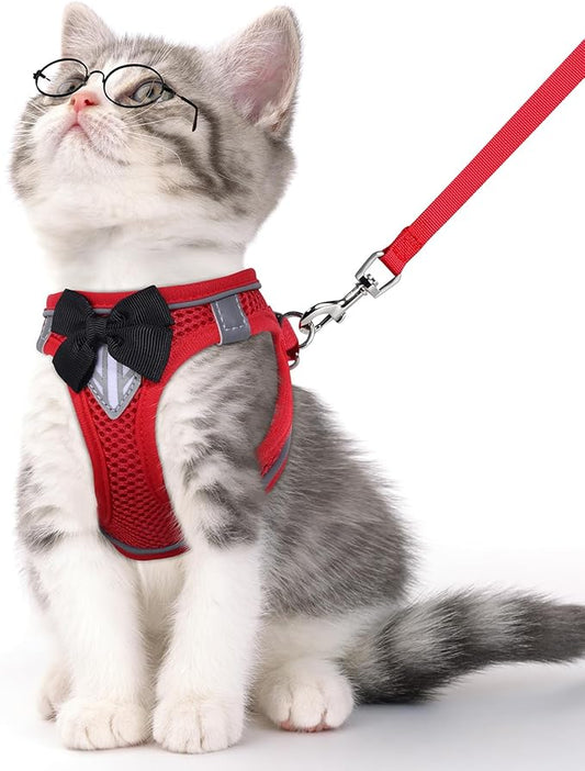 Cat Vest Harness and Leash Set for Walking Escape Proof, Adjustable Kitten Harness Breathable Mesh with Reflective Strips Harness for Kitty Puppy Bunny (Red, S)