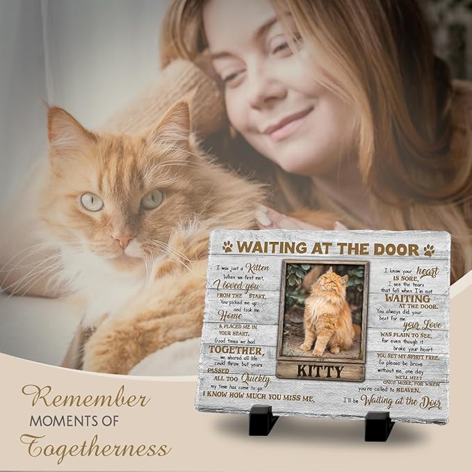 Personalized Cat Memorial Stone, Headstones Gift for Cat Lovers, Loss of Sympathy Gifts with Customizable Photo Prints, Name, Years, Background Color