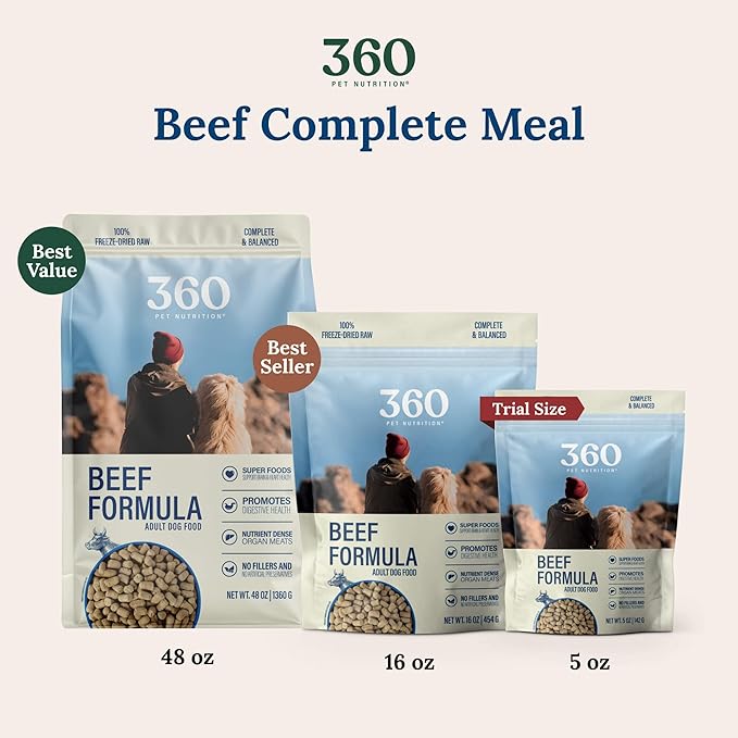 360 Pet Nutrition Freeze-Dried Raw Dog Food – Beef Recipe with Liver & Organs, High Protein with Omega-3s, Fruits, Veggies & Superfoods, Grain-Free, No Fillers, 5 oz – Made in USA