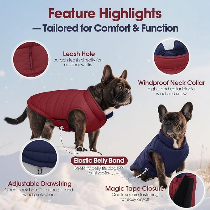 QBLEEV Reversible Dog Puffer Coat, Waterproof Warm Vest for Dogs, Windproof Padded Jacket for Small Dogs, Adjustable Puppy Winter Coats, Snow Cold Weather Coats for Chihuahua Yorkie, Wine Red, S