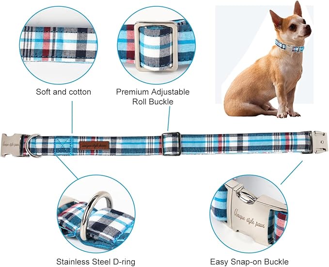 Unique Style Paws Metal Buckle Blue Plaid Collar - Durable & Cute for Small to Large Dogs