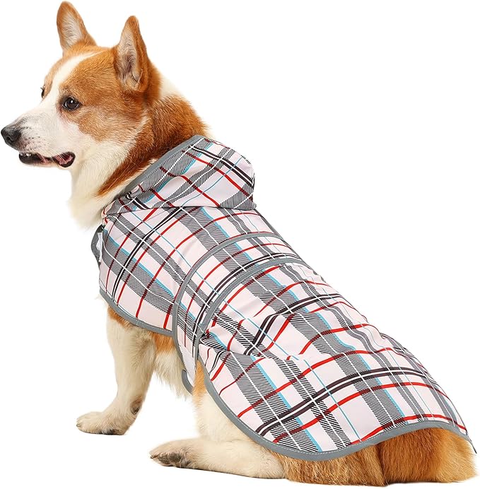 Dog Raincoat for Medium Dogs Waterproof Hooded Rain Jacket with Reflective Strips Leash Hole & Poncho Adjustable Fit (Plaid,L)