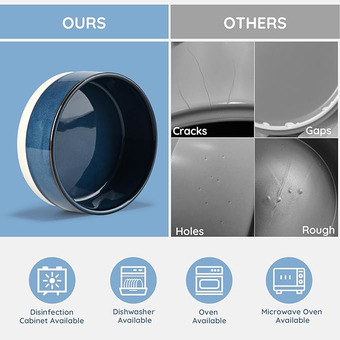 SPUNKYJUNKY Ceramic Dog and Cat Bowl Set with Wooden Stand, Modern Cute Weighted Food Water Bowl Set for Small Size Dogs (1.7 Cups, 2 × Pattern Blue)