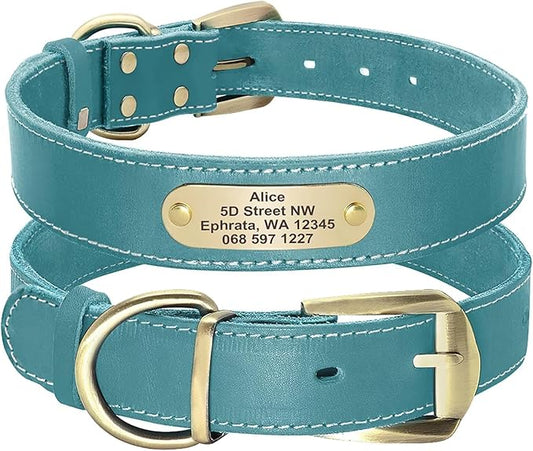 Didog Genuine Leather Dog Collars with Engraved Nameplate, Personalized Soft Leather Dog Collar with Custom ID Tag, Brown/Green/Red for Medium Large Dogs (XL,Blue)
