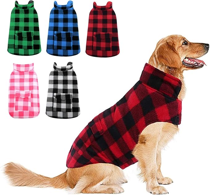 ASENKU Dog Winter Coat, Fleece Doggie Jacket Plaid Reversible Vest Waterproof Windproof Cold Weather Clothes for Small Medium Large Dogs(Red 2XL)