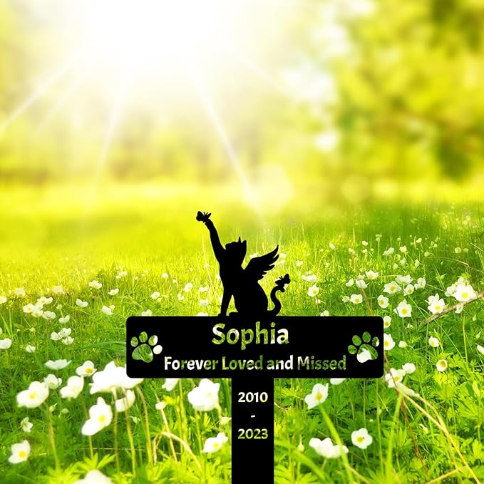 Personalized Cat Memorial Grave Marker Stake, Custom Pet Cat Memorial Stake Grave Marker for Outdoors Paws Cat Metal Plaque Sign with Stake, Cat Memorial Gift Garden Stake Sympathy Sign