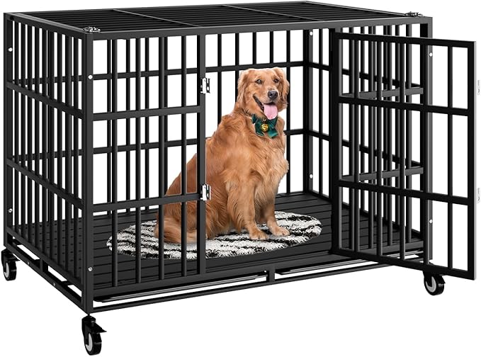 48 Inch Heavy Duty Dog Crate with Wheels,Indestructible Escape-Proof Dog Kennel with Locking Latch and Double Door,Extra Large XL XXL Crate Indoor for Large and Medium Dog with Removable Tray