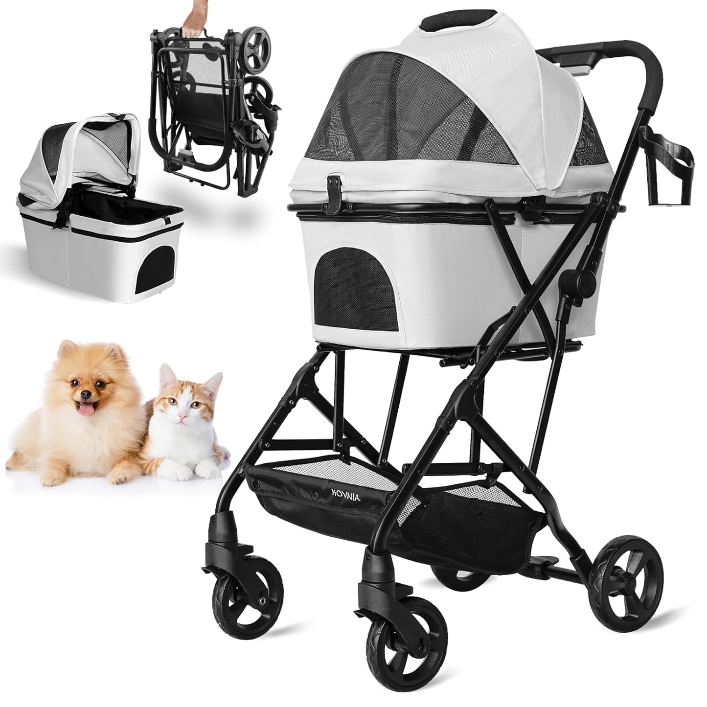 Dog Stroller for Small Dogs Cats Up to 33LBS, 3-in-1 Lightweight Foldable Pet Stroller with Removable Carrier, Storage Basket for Travel- Gray