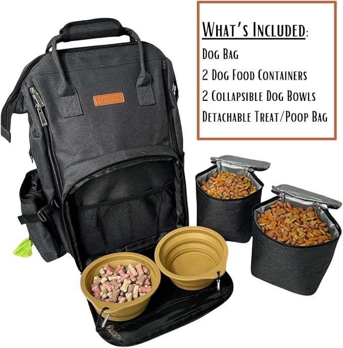 Tito's Closet Dog Travel Bag Includes Pet Travel Accessories 2-Pack Travel Bowl, 2 Dog Food Containers, Treat Bag (Black), DB2024