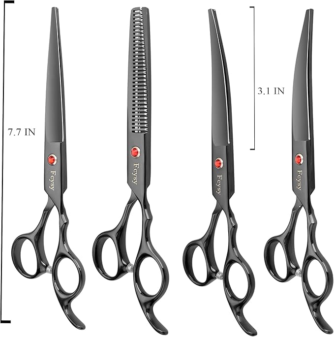 Dog Grooming Scissors Kit, Fcysy Professional Pet Hair Cutting Shears Set with Curved & Straight Blades Scissors Thinning Shears– Stainless Steel Grooming Tools for Dogs & Cats at Home