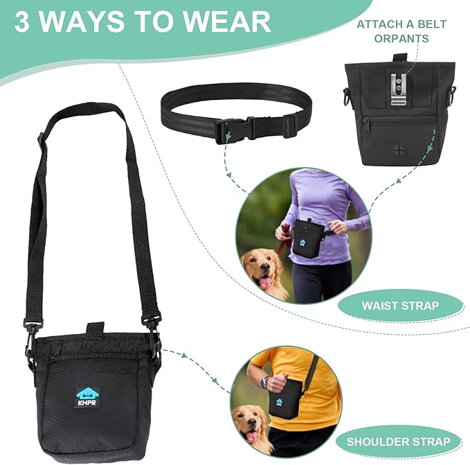 Dog Treat Pouch Magnetic Closure with Training Clicker，Hands-Free Design to Prevent Spills，Built in Poop Bag Dispenser，3 Ways To Wear，Metal Clip Waist Belt and Fanny Pack for Pet Walking（Black）