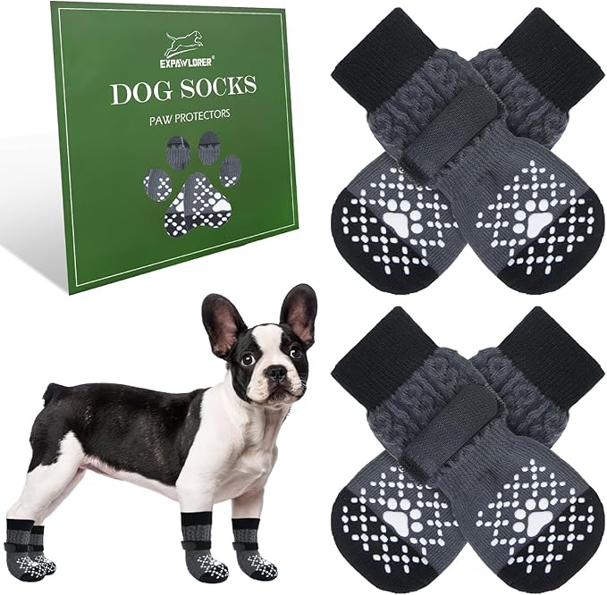 EXPAWLORER Dog Socks for Hot Pavement to Prevent Licking Paws, Non Slip Doggie Grippy Booties Shoes for Hardwood Floors, Boots & Paw Protectors for Small Medium Large Senior Dogs Twists Grey M