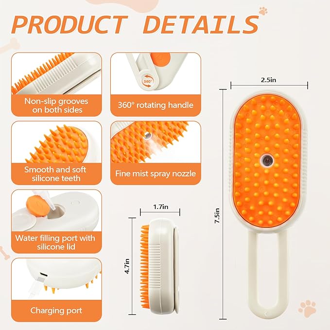 Cat Steam Brush for Shedding, 4 in 1 Rechargeable Pet Steam Brush Set for Dogs & Cats, Pet Spray Hair Removal Comb with Waterless Shampoo, Anti-Static, Massage, Cleaning & Combing All in One