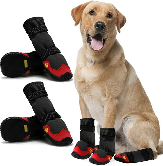 Dog Shoes for Hot Pavement Anti-Slip Dog Boots & Paw Protectors for Summer Rainy Day Dog Snow Boots Waterproof Dog Shoes for Small Medium Large Dogs with Reflective Straps for Hiking 4Pcs