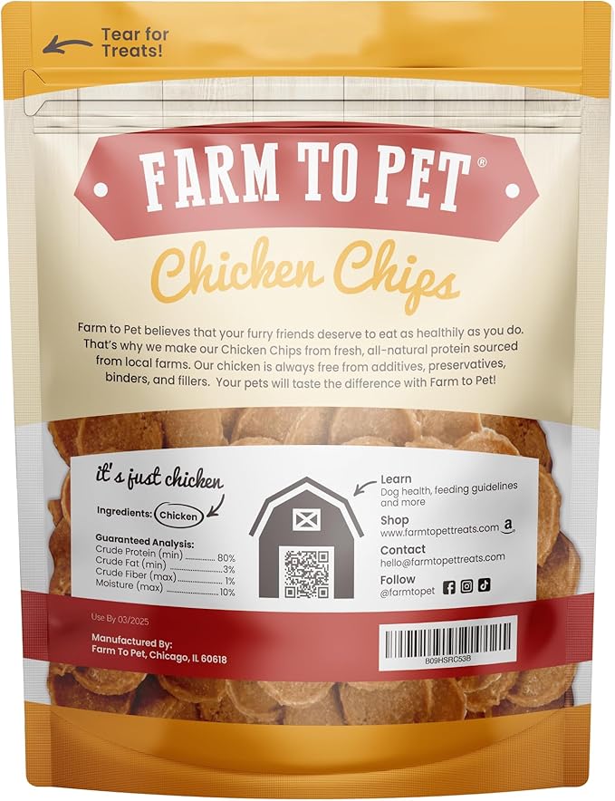 Farm To Pet - Dog Training Treats - Chicken Chips, Single Ingredient - 4 oz, Lean, All Natural, Healthy Dog Treats for Small, Medium, Large Breeds, & Puppies, Made in USA