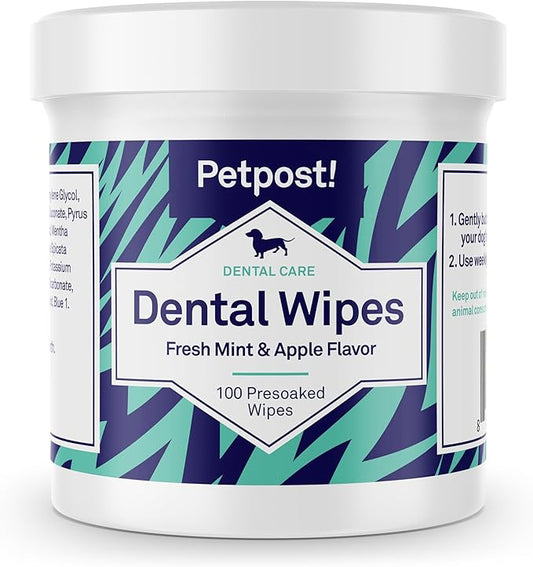 Petpost Dental Wipes for Dogs | 100 Count Presoaked Pads in Natural Tooth Cleaning Solution | Bad Breath and Tooth Buildup Remover