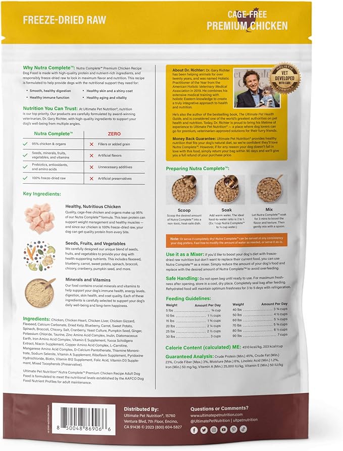 ULTIMATE PET NUTRITION Nutra Complete Freeze Dried Raw Dog Food, Veterinarian Formulated with Antioxidants, Prebiotics & Amino Acids (3 Pound, Chicken)