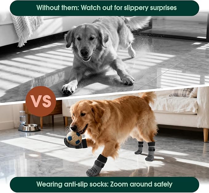Kuoser Non Slip Dog Socks for Hardwood Floors,4Pack Anti-Slip Dog Grippy Socks to Prevent Licking Paws,Dogs Booties Paw Protectors with Double-Sided Traction for Small Medium Large Senior Dogs,Gray M