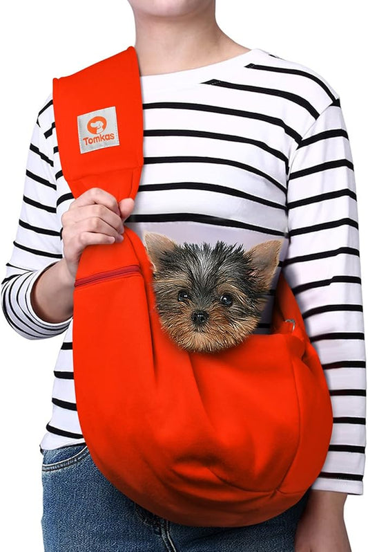 Tomkas Small Dog Sling Carrier - Zipper Pocket & Adjustable Strap - for 3-10 lbs Pets(Red)