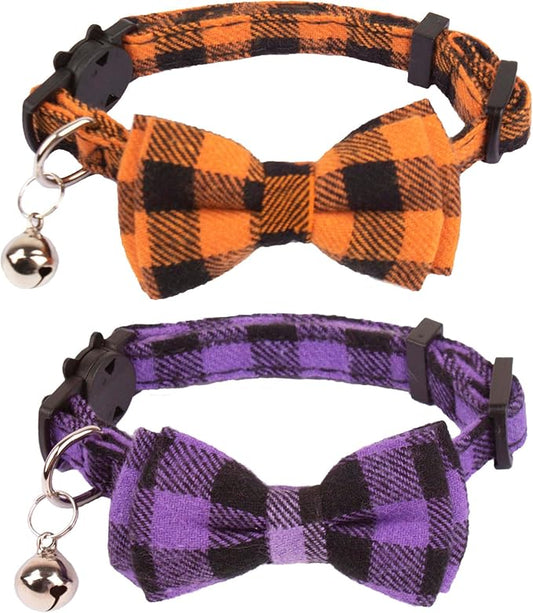 ADOGGYGO Halloween Cat Collars Breakaway with Removable Bowtie Bell, 2 Pack Orange Purple Plaid Halloween Bow Collar for Cats Kittens