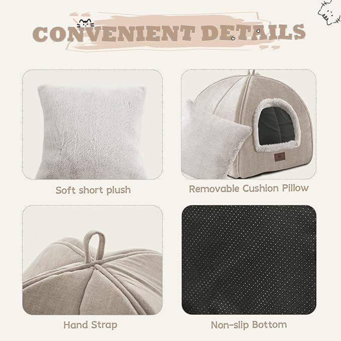 Cat Beds for Indoor Cats - Cat House Cats Tent with Removable Washable Cushioned Pillow, Soft and Self Kitten beds,Pet Bed(Large,Beige)
