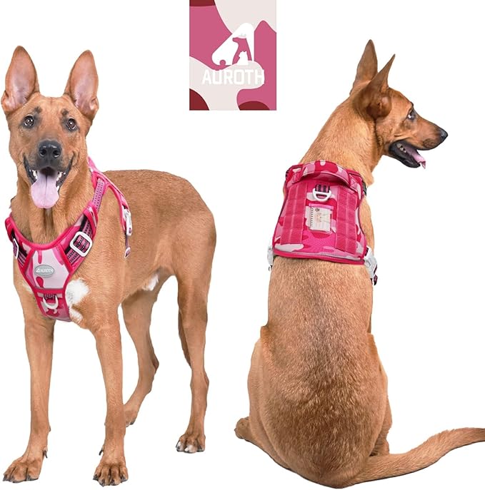 AUROTH Tactical Dog Harness for Small Medium Large Dogs No Pull Adjustable Pet Harness Reflective K9 Working Training Easy Control Pet Vest Military Service Dog Harnesses (XL, Pink Camo)