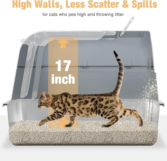Stainless Steel Cat Litter Box Fully Enclosed, Extra Large Metal High Sided Cat Box with 120° Fully Transparent See-Through Flip Lid, Scoop & Mat - Grey - XL