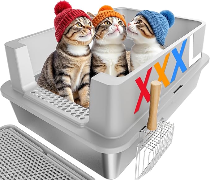 Stainless Steel Litter Box - 28" Extra Large XXXL Cat Litter Box with High Sides, Non-Sticky & Anti-Leakage for Big Cats/Multiple Cats, Includes Heavy Duty Metal Scoop, Grey