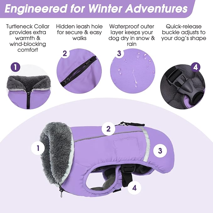 QBLEEV Warm Dog Coat Reflective Winter Jacket, Waterproof Windproof Dog Turtleneck Clothes for Cold Weather, Thicken Fleece Lining Pet Outfit, Adjustable Pet Vest Apparel for Small Medium Large Dogs