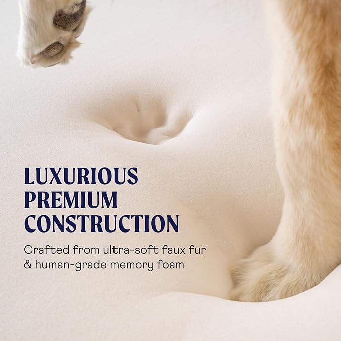 PupRug Orthopedic Dog Bed for Large Dogs with Fluffy Soft Faux Fur and Memory Foam for Joint Pain Relief, Machine Washable and Waterproof Couch Bed, White with Brown Accents, Large/Extra Large