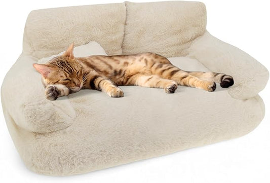 Cat Sofa, Pet Bed with Bolstered Edges, Extra Plush Sponge Padding, Cat Beds for Indoor with Removable Washable Cover, Non-Slip Bottom, Brown